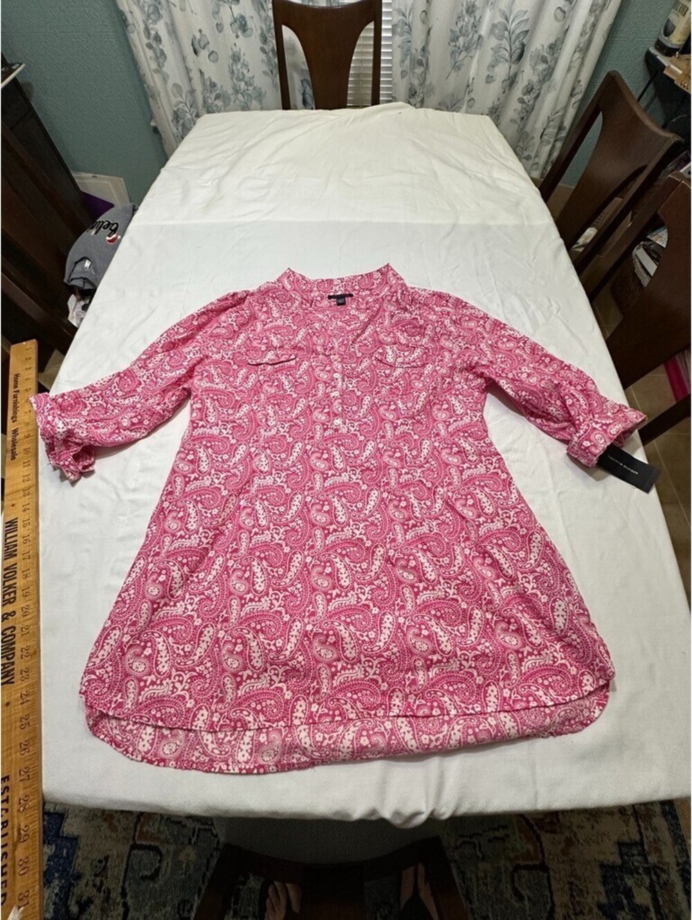 Tommy Hilfiger Pink White Paisley Shirt 3/4 sleeves XL Tie Back Pockets